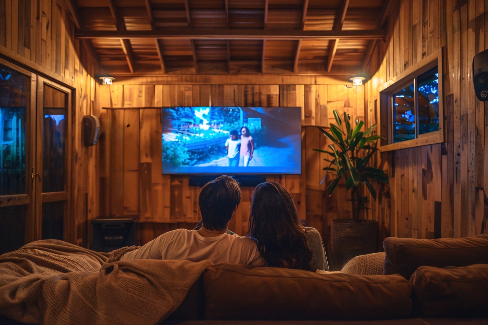 A couple relaxing on a sofa watching a wall-mounted TV in a cosy wood-panelled living room